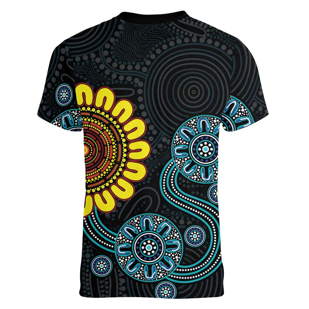 NAIDOC 50 Years of Deadly Women V-Neck T-Shirt Sun Aboriginal Dot Art