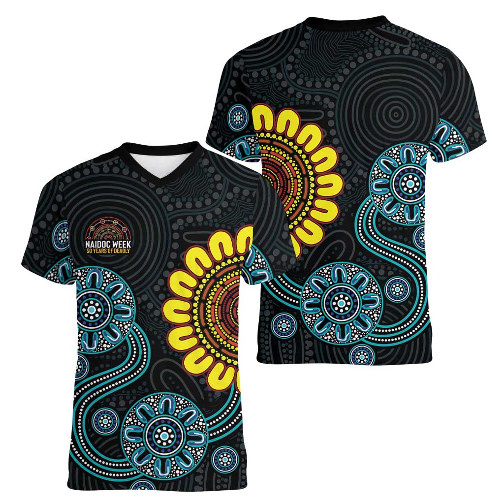 NAIDOC 50 Years of Deadly Women V-Neck T-Shirt Sun Aboriginal Dot Art