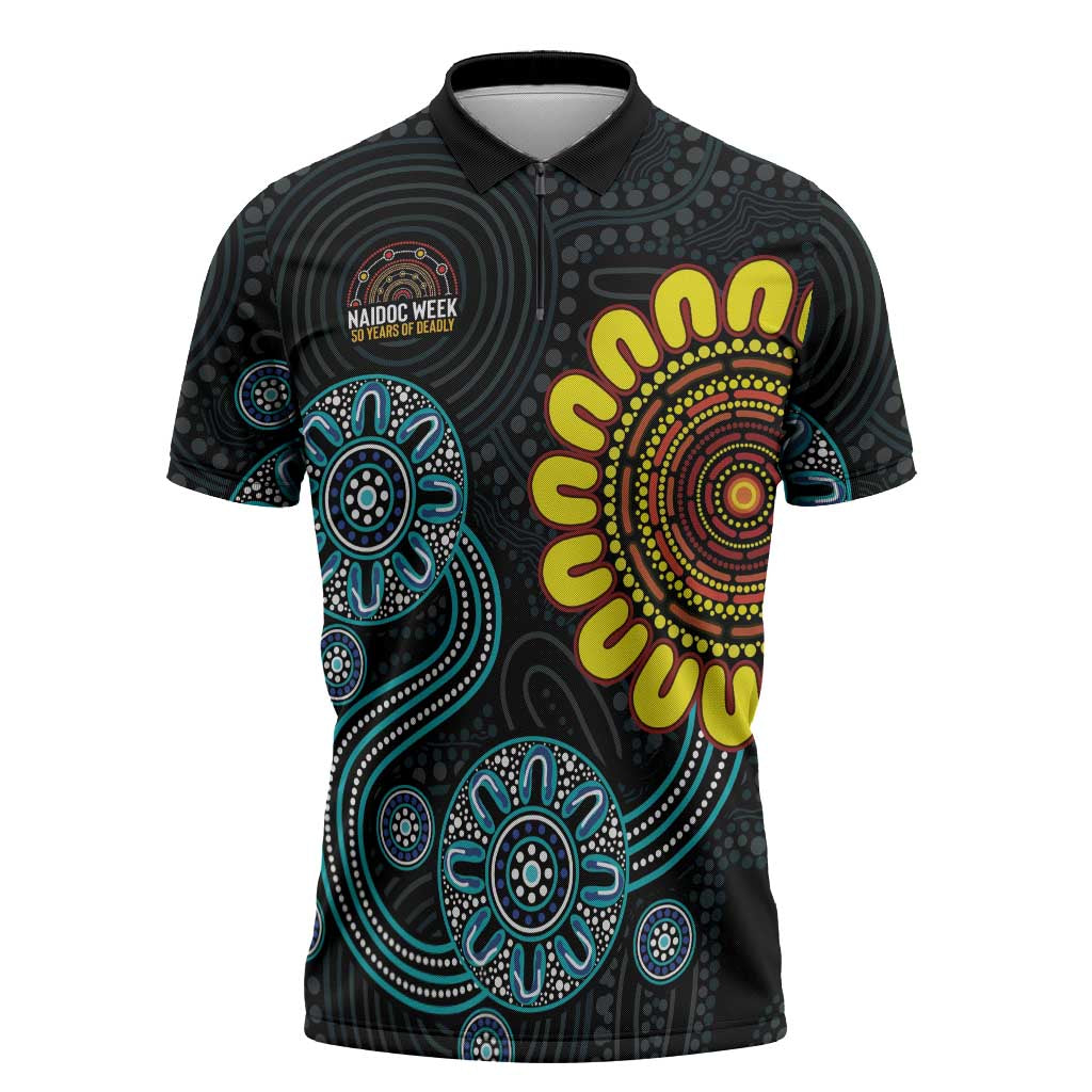 NAIDOC 50 Years of Deadly Zipper Polo Shirt Sun Aboriginal Dot Art