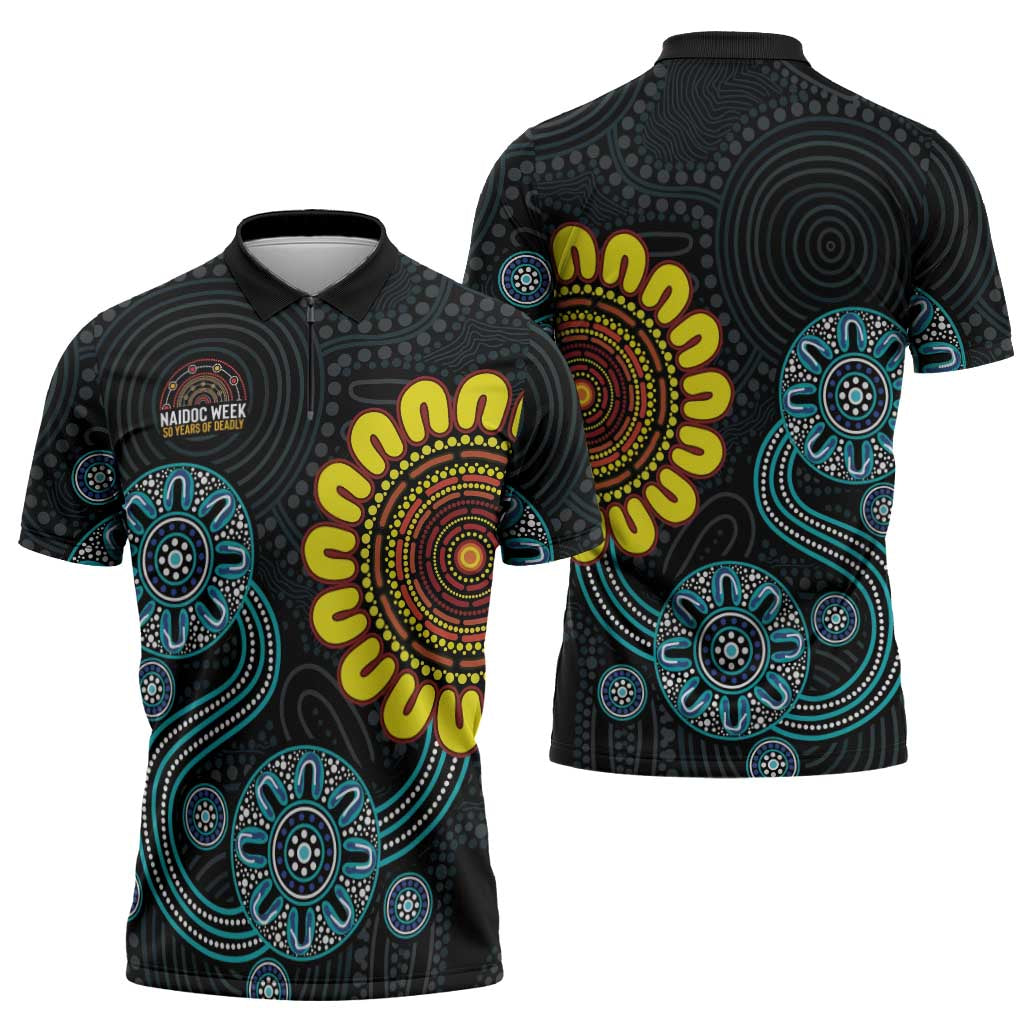 NAIDOC 50 Years of Deadly Zipper Polo Shirt Sun Aboriginal Dot Art