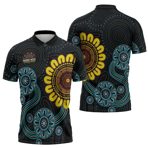 NAIDOC 50 Years of Deadly Zipper Polo Shirt Sun Aboriginal Dot Art