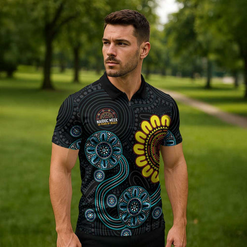 NAIDOC 50 Years of Deadly Zipper Polo Shirt Sun Aboriginal Dot Art