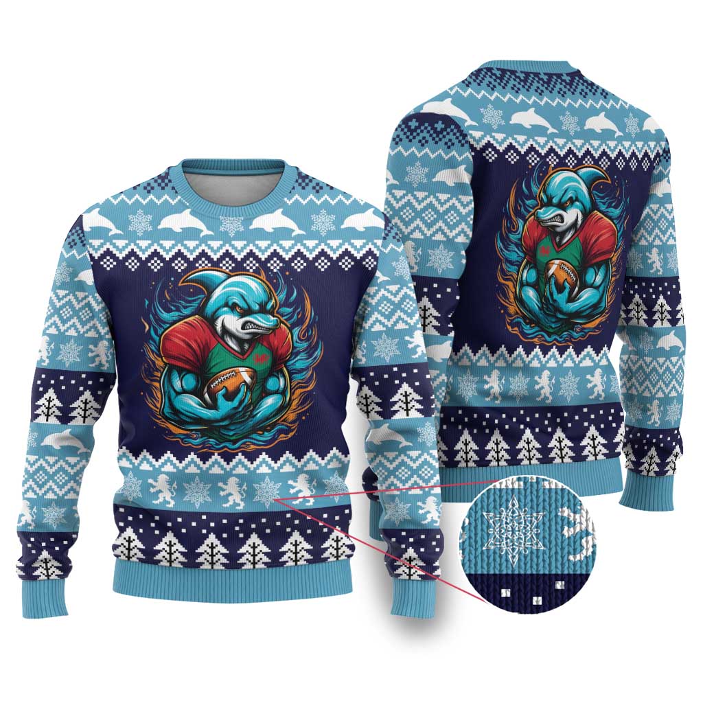 Cardiganshire Wales Christmas Ugly Christmas Sweater Cardigan Bay Dolphin Rugby Design - Aussie Hoodie