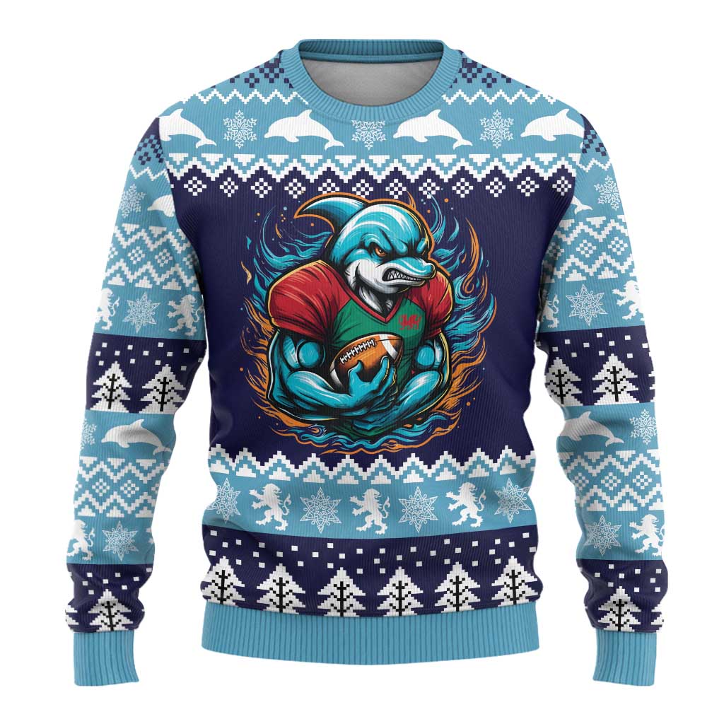 Cardiganshire Wales Christmas Ugly Christmas Sweater Cardigan Bay Dolphin Rugby Design - Aussie Hoodie
