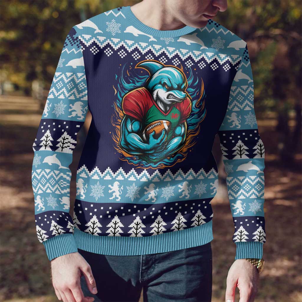 Cardiganshire Wales Christmas Ugly Christmas Sweater Cardigan Bay Dolphin Rugby Design - Aussie Hoodie