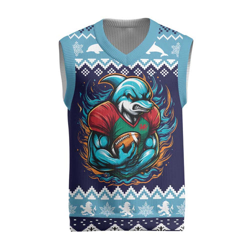 Cardiganshire Wales Christmas Knitted V-Neck Vest Cardigan Bay Dolphin Rugby Design - Aussie Hoodie