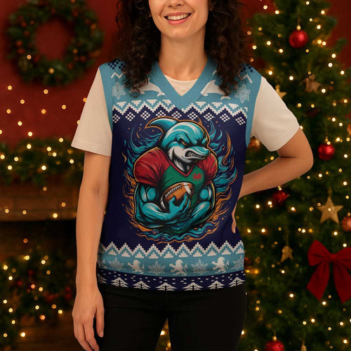 Cardiganshire Wales Christmas Knitted V-Neck Vest Cardigan Bay Dolphin Rugby Design - Aussie Hoodie