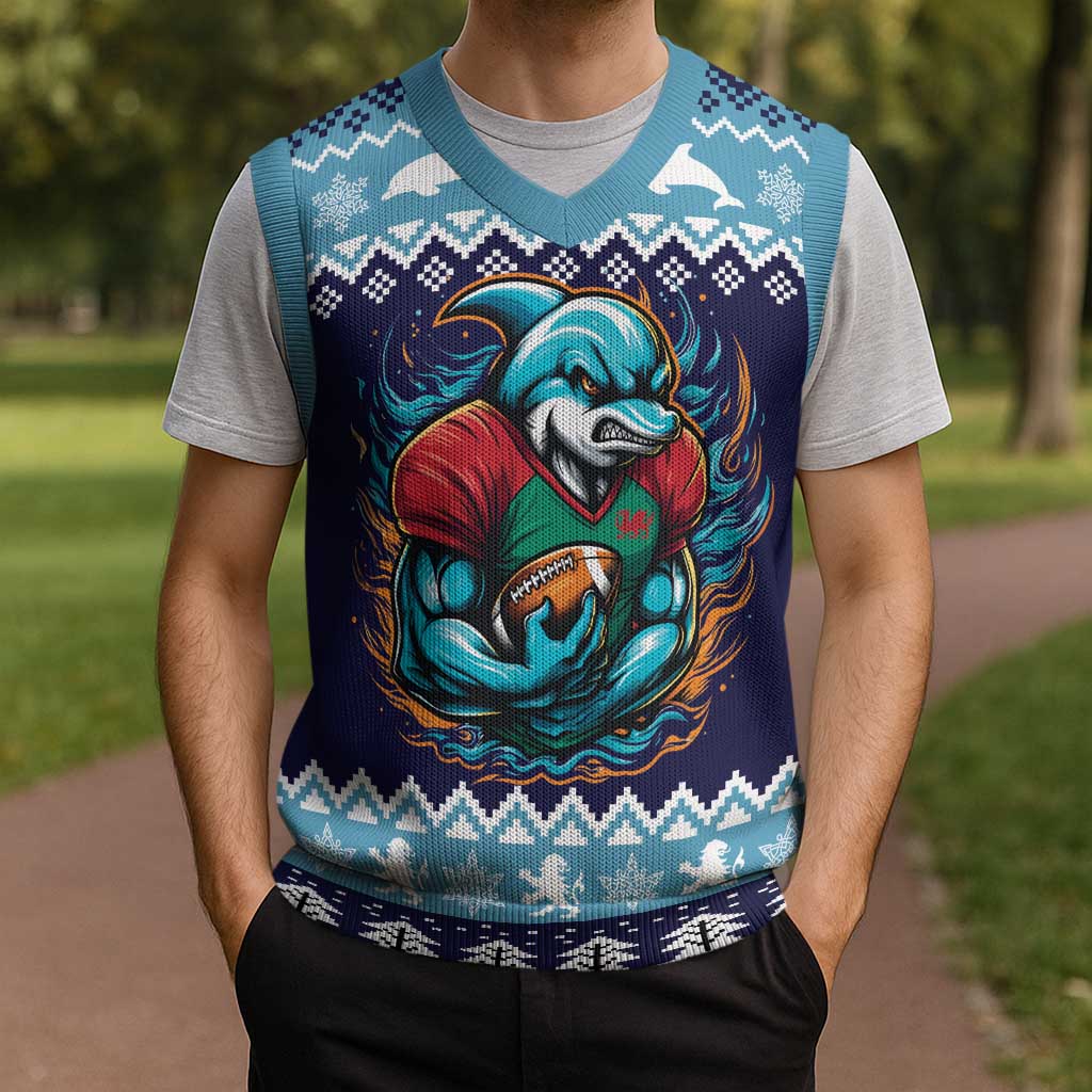 Cardiganshire Wales Christmas Knitted V-Neck Vest Cardigan Bay Dolphin Rugby Design - Aussie Hoodie