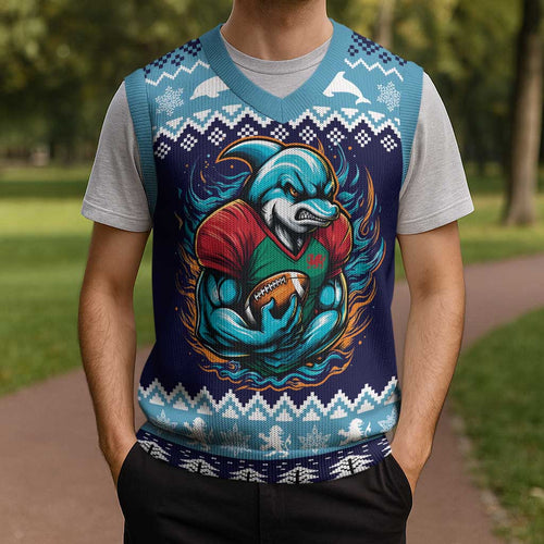 Cardiganshire Wales Christmas Knitted V-Neck Vest Cardigan Bay Dolphin Rugby Design - Aussie Hoodie