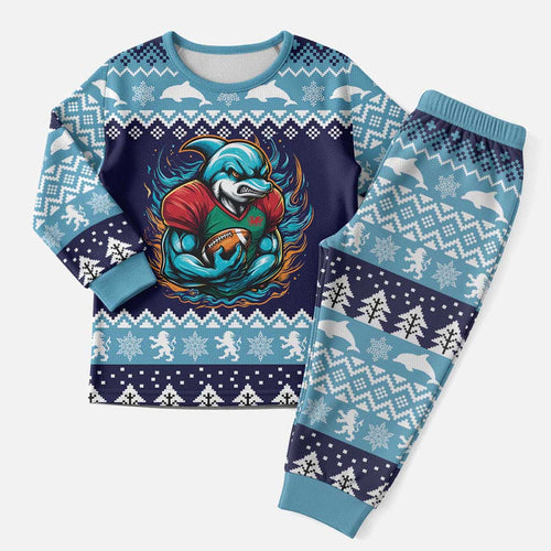 Cardiganshire Wales Christmas Pajama Set Cardigan Bay Dolphin Rugby Design - Aussie Hoodie