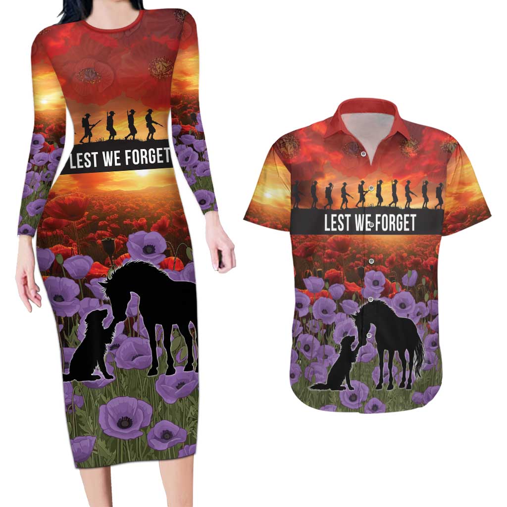 Personalised ANZAC Day Couples Matching Long Sleeve Bodycon Dress and Hawaiian Shirt Remembering the Animals of War