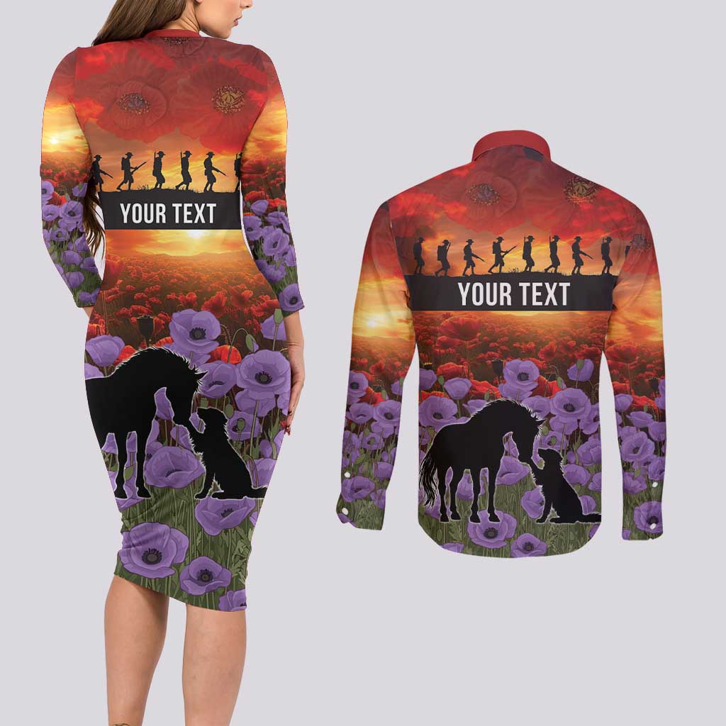 Personalised ANZAC Day Couples Matching Long Sleeve Bodycon Dress and Long Sleeve Button Shirt Remembering the Animals of War