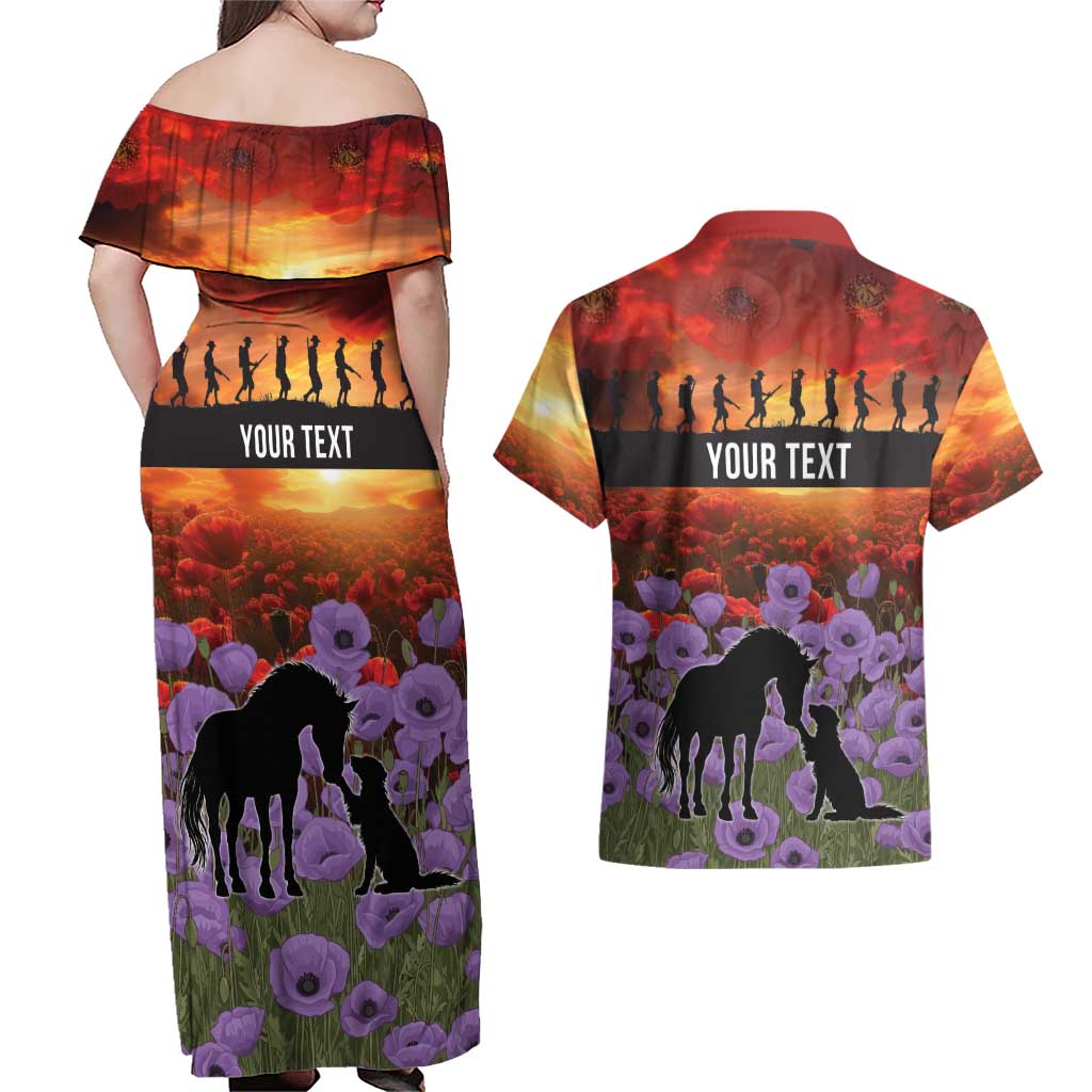 Personalised ANZAC Day Couples Matching Off Shoulder Maxi Dress and Hawaiian Shirt Remembering the Animals of War