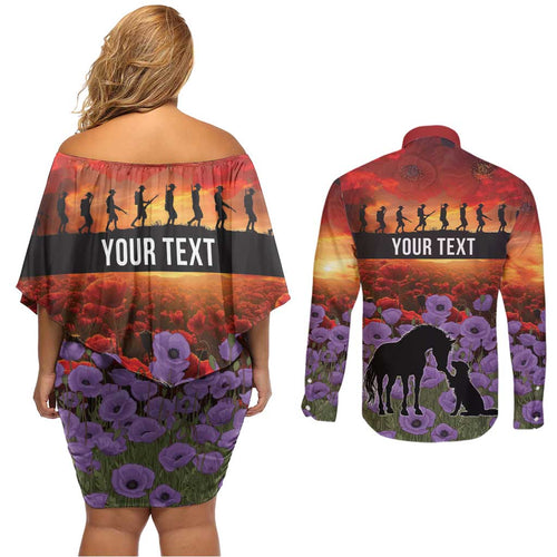 Personalised ANZAC Day Couples Matching Off Shoulder Short Dress and Long Sleeve Button Shirt Remembering the Animals of War