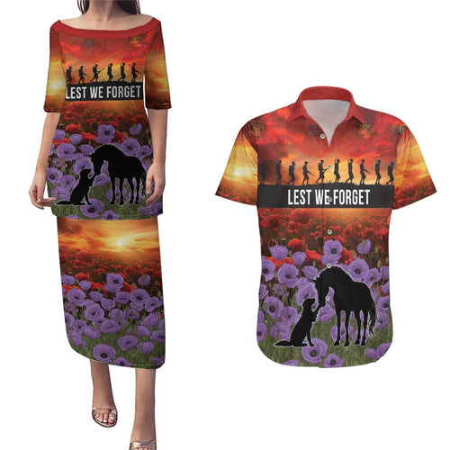 Personalised ANZAC Day Couples Matching Puletasi and Hawaiian Shirt Remembering the Animals of War