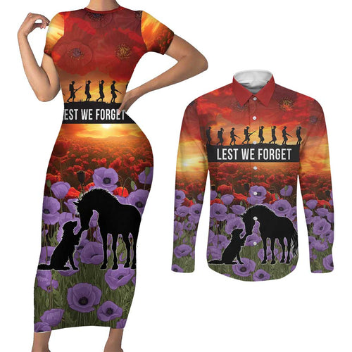 Personalised ANZAC Day Couples Matching Short Sleeve Bodycon Dress and Long Sleeve Button Shirt Remembering the Animals of War