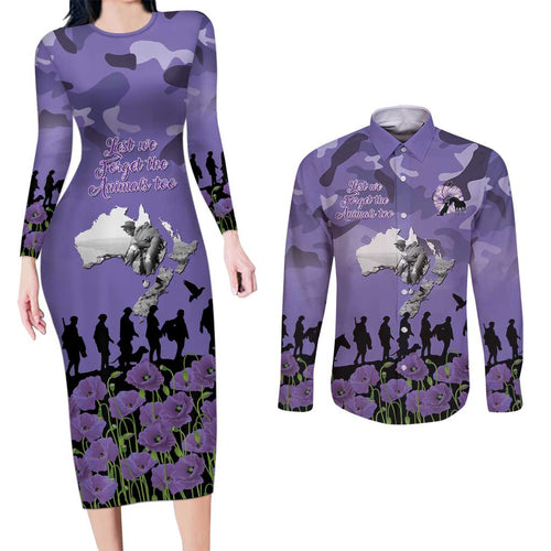 ANZAC Day Couples Matching Long Sleeve Bodycon Dress and Long Sleeve Button Shirt Lest We Forget the Animals Too