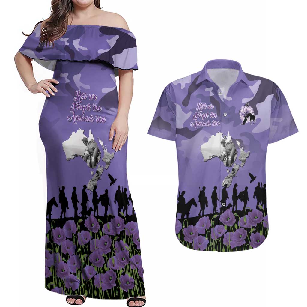 ANZAC Day Couples Matching Off Shoulder Maxi Dress and Hawaiian Shirt Lest We Forget the Animals Too