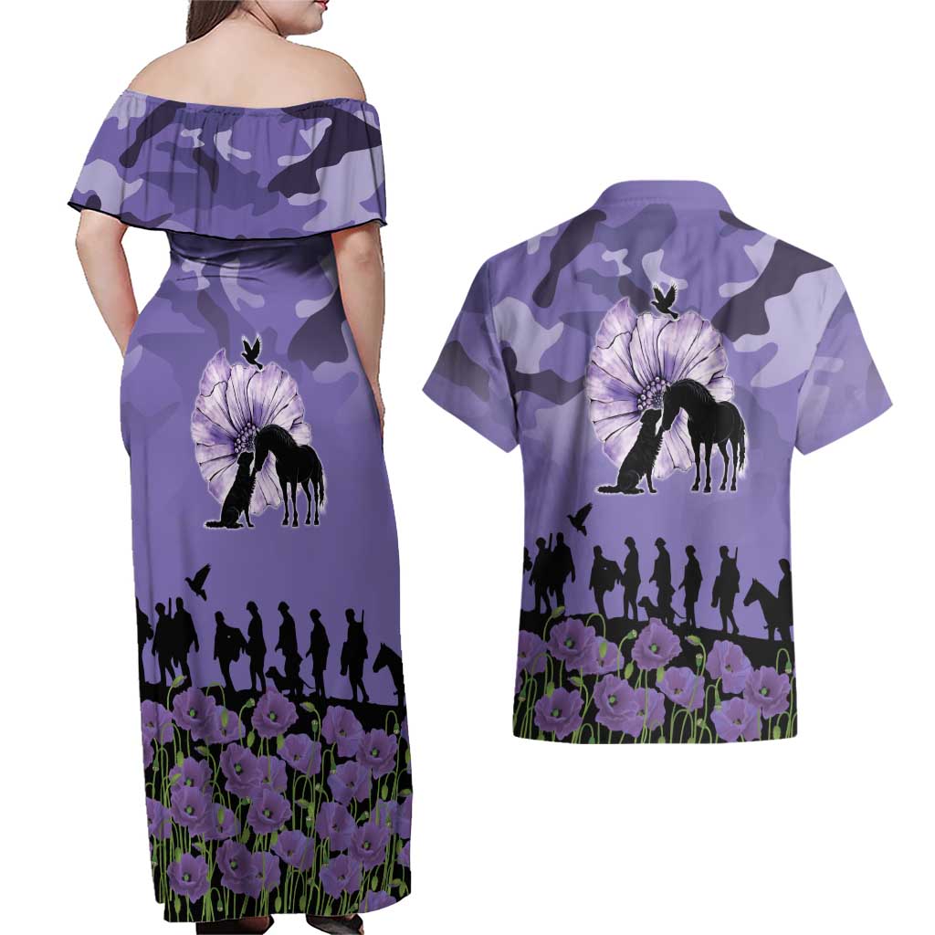 ANZAC Day Couples Matching Off Shoulder Maxi Dress and Hawaiian Shirt Lest We Forget the Animals Too