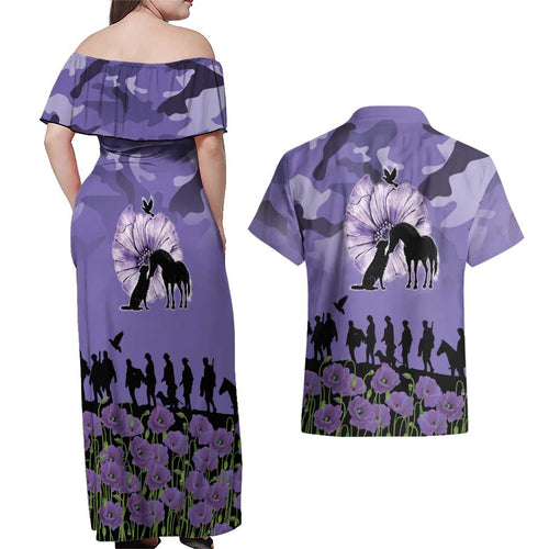 ANZAC Day Couples Matching Off Shoulder Maxi Dress and Hawaiian Shirt Lest We Forget the Animals Too