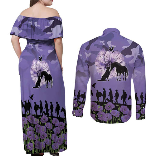 ANZAC Day Couples Matching Off Shoulder Maxi Dress and Long Sleeve Button Shirt Lest We Forget the Animals Too