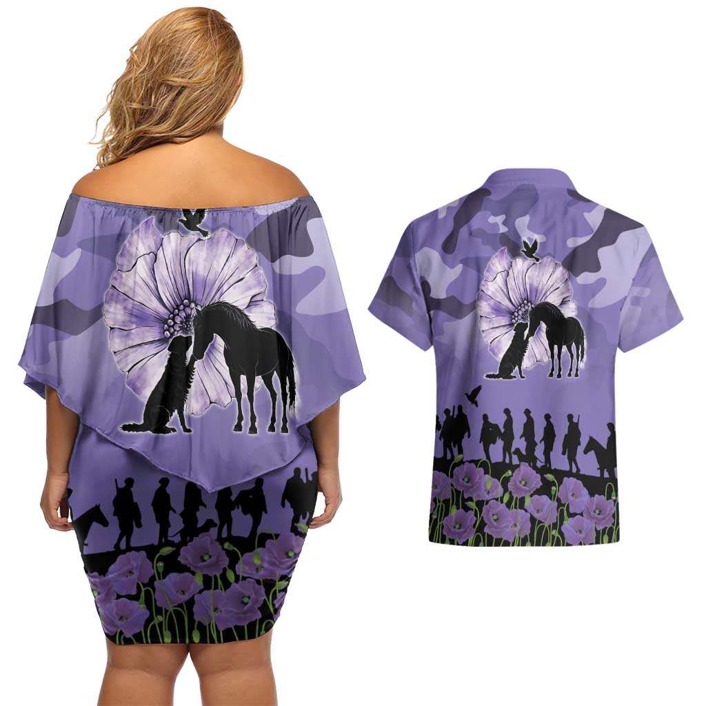 ANZAC Day Couples Matching Off Shoulder Short Dress and Hawaiian Shirt Lest We Forget the Animals Too