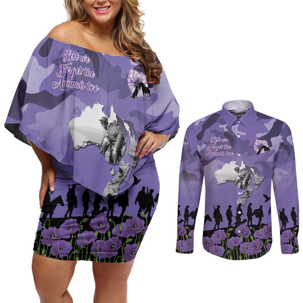 ANZAC Day Couples Matching Off Shoulder Short Dress and Long Sleeve Button Shirt Lest We Forget the Animals Too