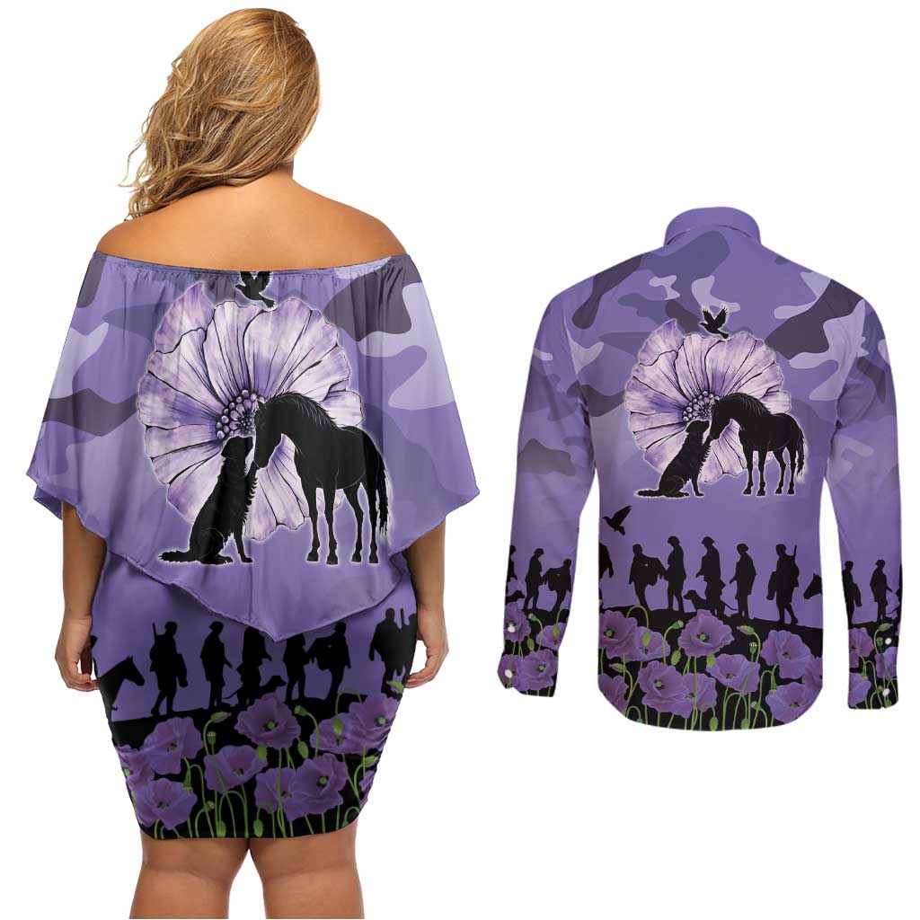 ANZAC Day Couples Matching Off Shoulder Short Dress and Long Sleeve Button Shirt Lest We Forget the Animals Too