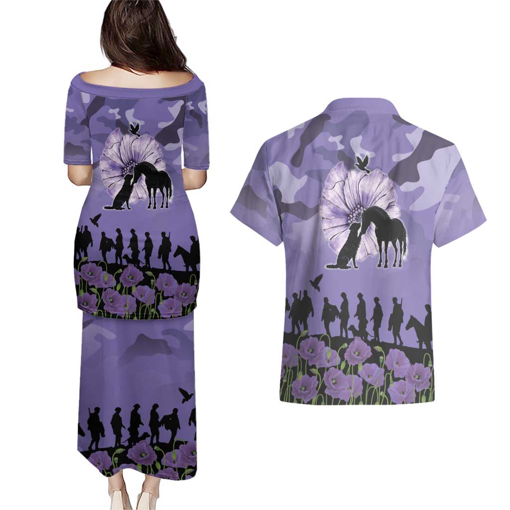 ANZAC Day Couples Matching Puletasi and Hawaiian Shirt Lest We Forget the Animals Too