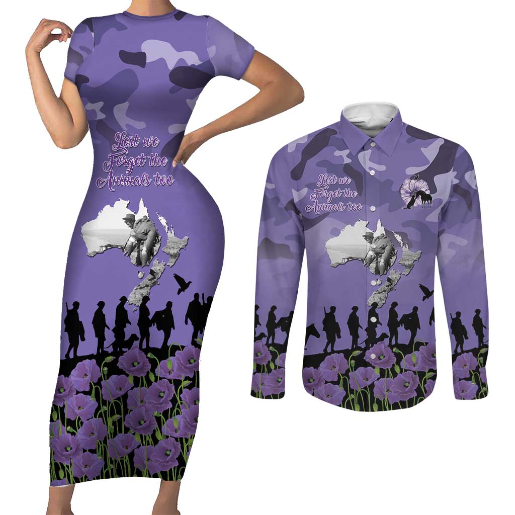 ANZAC Day Couples Matching Short Sleeve Bodycon Dress and Long Sleeve Button Shirt Lest We Forget the Animals Too
