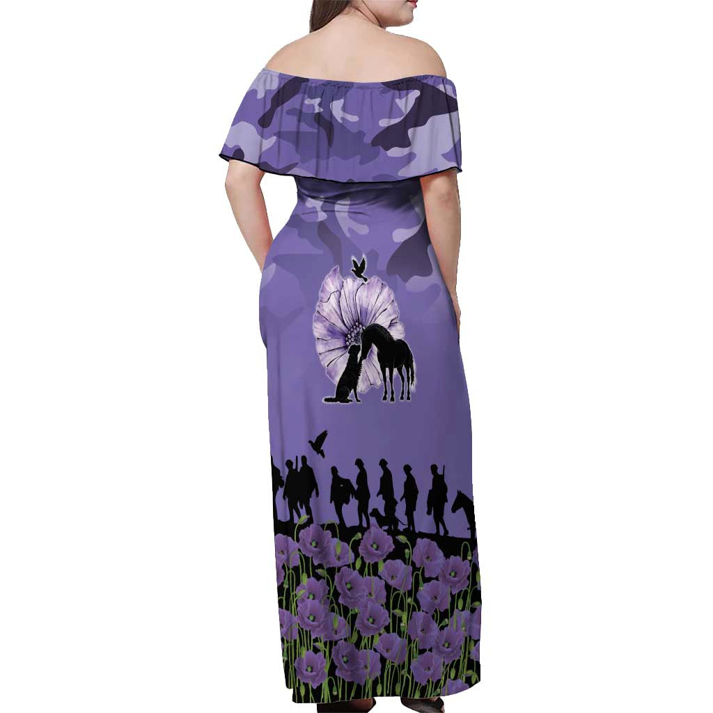 ANZAC Day Off Shoulder Maxi Dress Lest We Forget the Animals Too