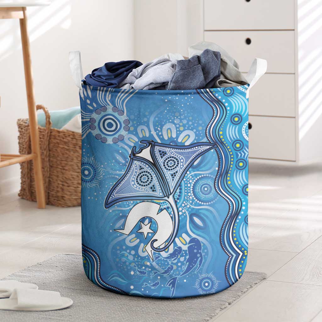 Torres Strait Islander Dhari Stingray Laundry Basket Aboriginal Dot Art Blue Pastel Style