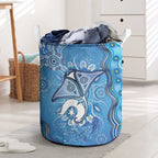 Torres Strait Islander Dhari Stingray Laundry Basket Aboriginal Dot Art Blue Pastel Style