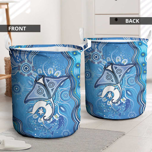 Torres Strait Islander Dhari Stingray Laundry Basket Aboriginal Dot Art Blue Pastel Style