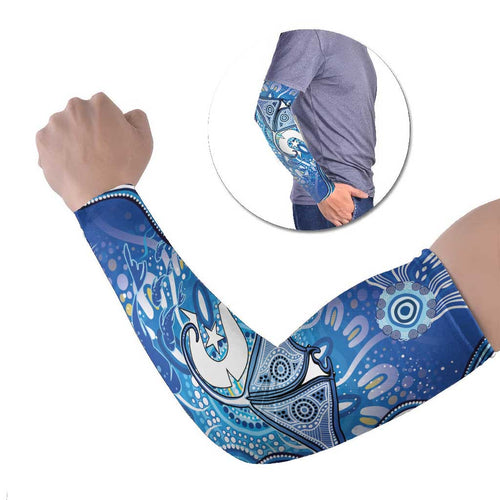 Torres Strait Islander Dhari Stingray Arm Sleeves Aboriginal Dot Art Blue Pastel Style