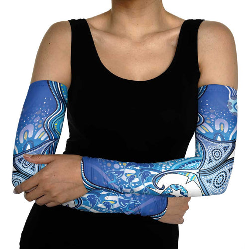 Torres Strait Islander Dhari Stingray Arm Sleeves Aboriginal Dot Art Blue Pastel Style
