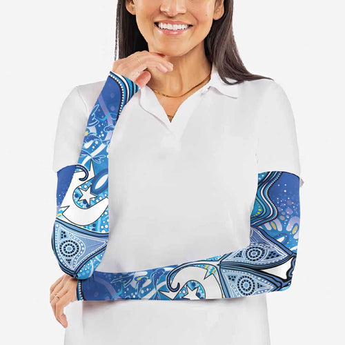 Torres Strait Islander Dhari Stingray Arm Sleeves Aboriginal Dot Art Blue Pastel Style