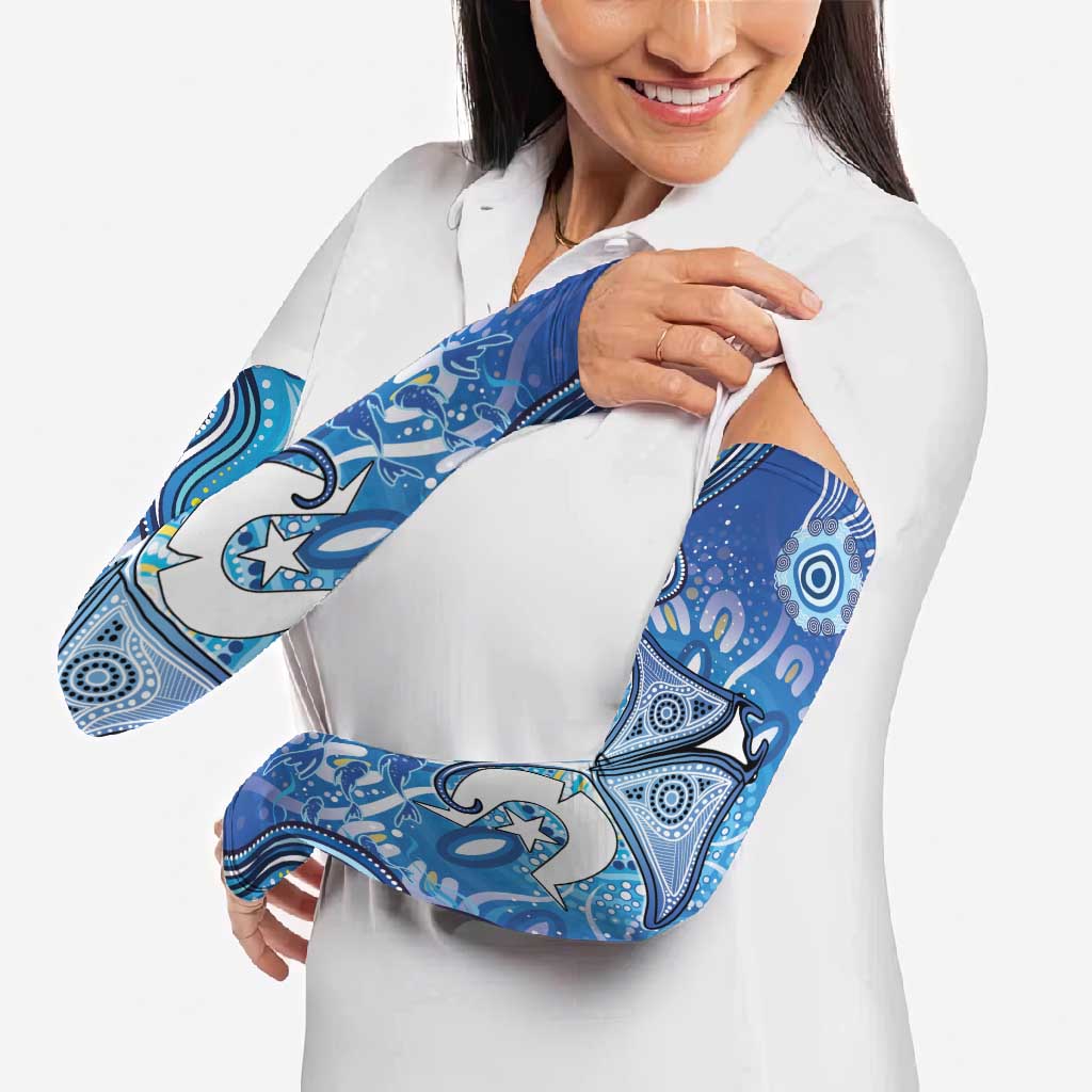 Torres Strait Islander Dhari Stingray Arm Sleeves Aboriginal Dot Art Blue Pastel Style