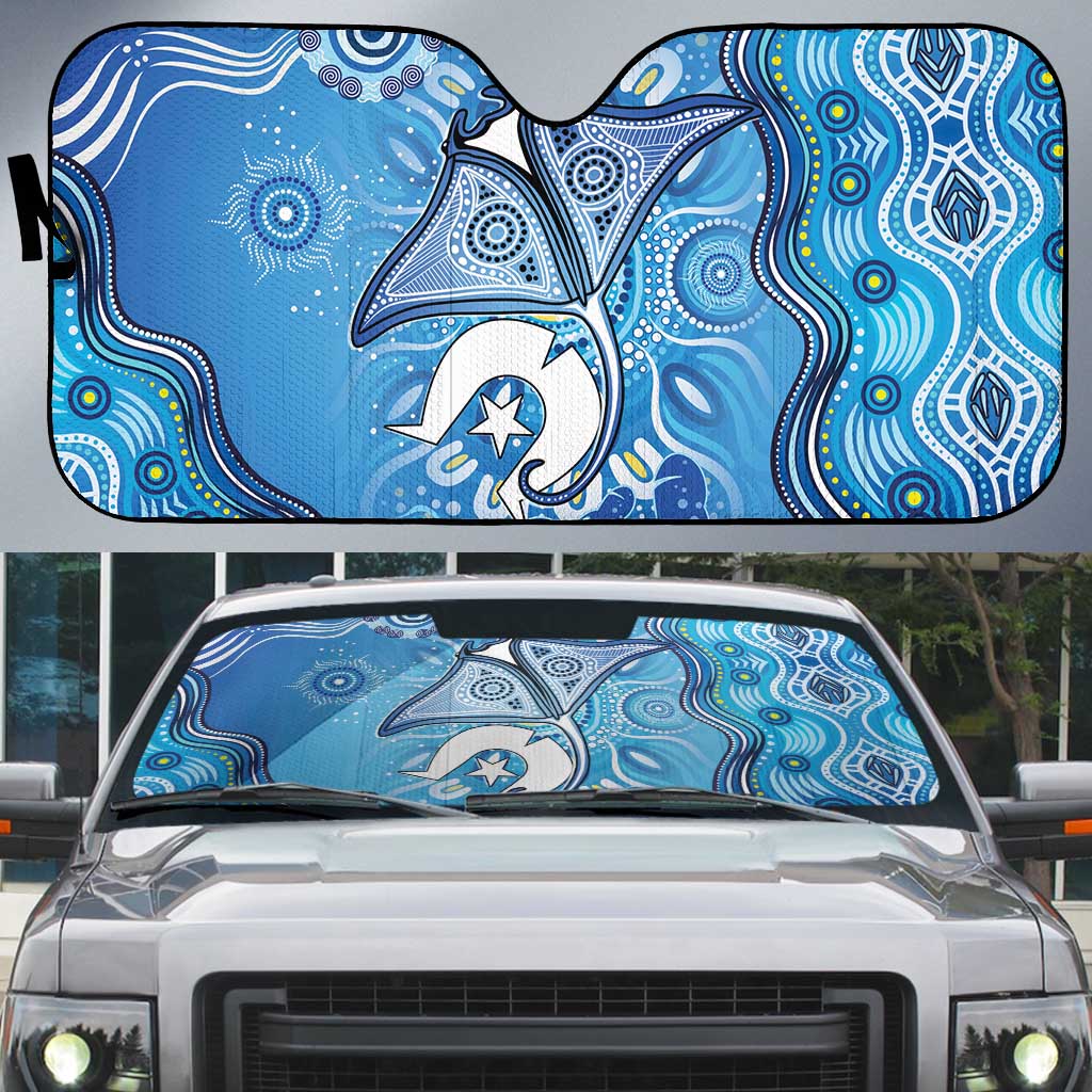 Torres Strait Islander Dhari Stingray Auto Sun Shade Aboriginal Dot Art Blue Pastel Style