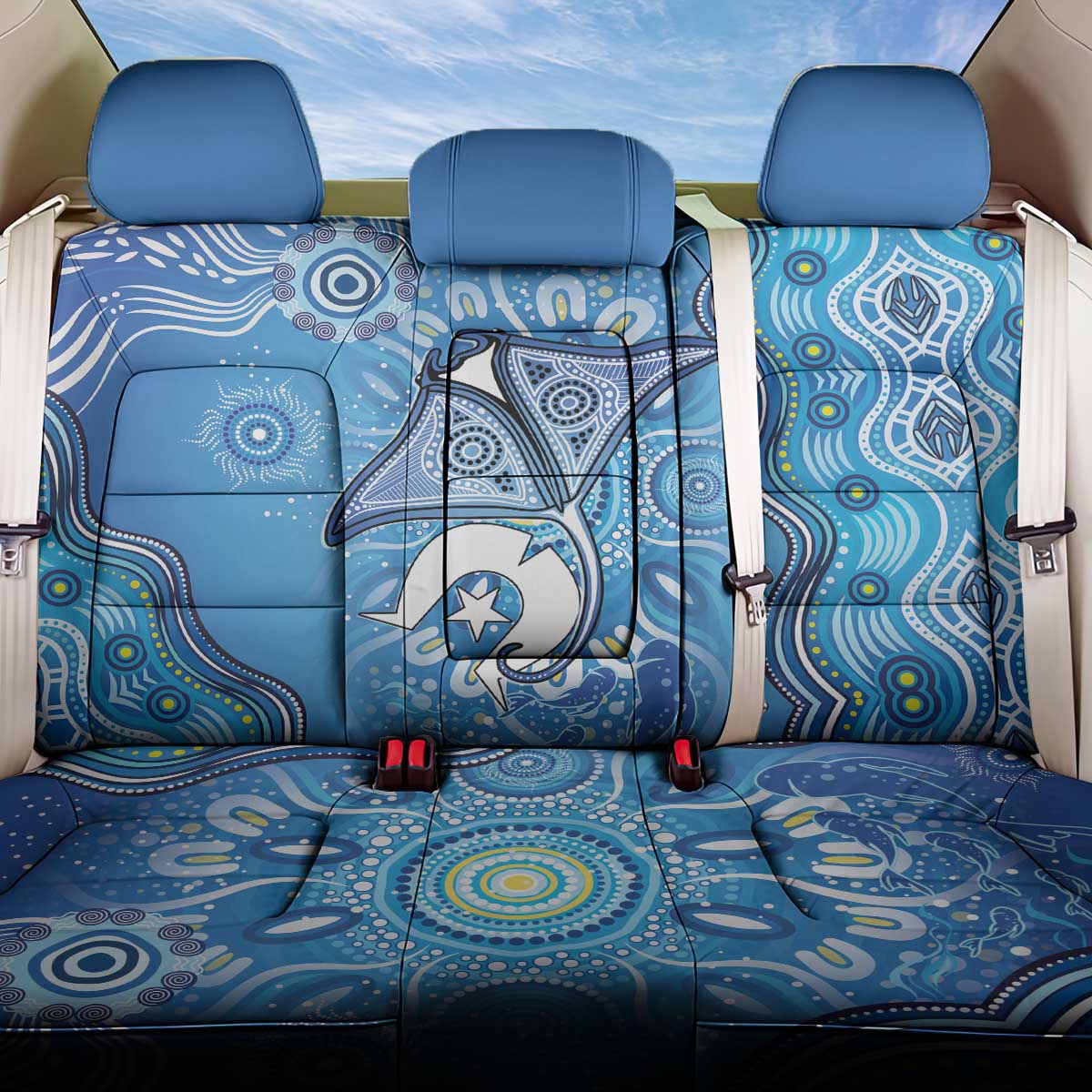 Torres Strait Islander Dhari Stingray Back Car Seat Cover Aboriginal Dot Art Blue Pastel Style