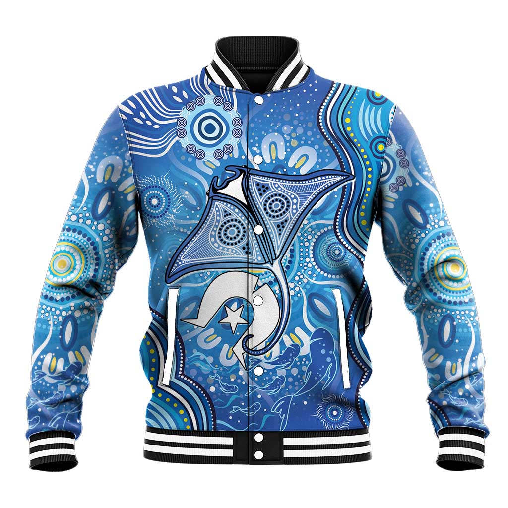 Torres Strait Islander Dhari Stingray Baseball Jacket Aboriginal Dot Art Blue Pastel Style