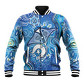 Torres Strait Islander Dhari Stingray Baseball Jacket Aboriginal Dot Art Blue Pastel Style