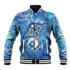 Torres Strait Islander Dhari Stingray Baseball Jacket Aboriginal Dot Art Blue Pastel Style