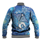 Torres Strait Islander Dhari Stingray Baseball Jacket Aboriginal Dot Art Blue Pastel Style