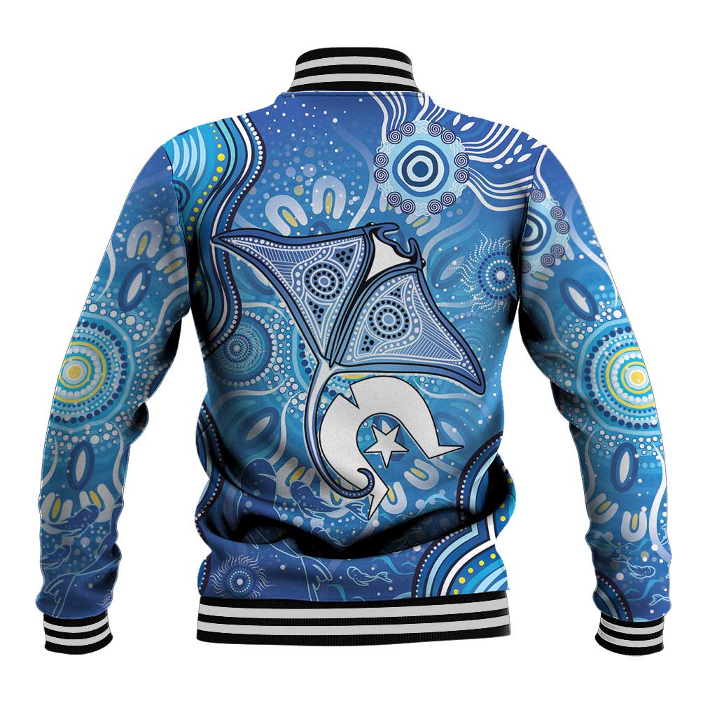 Torres Strait Islander Dhari Stingray Baseball Jacket Aboriginal Dot Art Blue Pastel Style