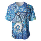 Torres Strait Islander Dhari Stingray Baseball Jersey Aboriginal Dot Art Blue Pastel Style