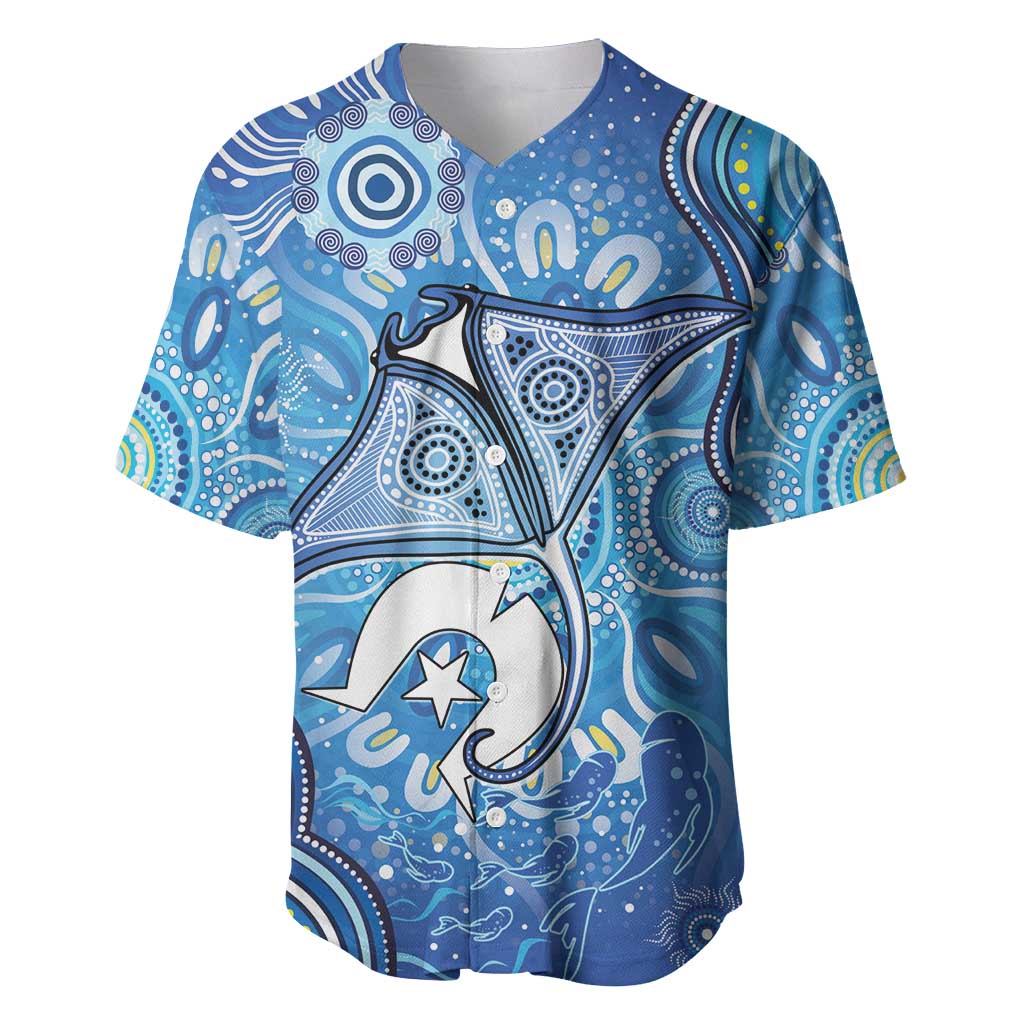 Torres Strait Islander Dhari Stingray Baseball Jersey Aboriginal Dot Art Blue Pastel Style