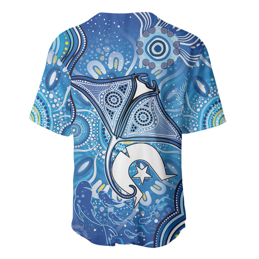 Torres Strait Islander Dhari Stingray Baseball Jersey Aboriginal Dot Art Blue Pastel Style