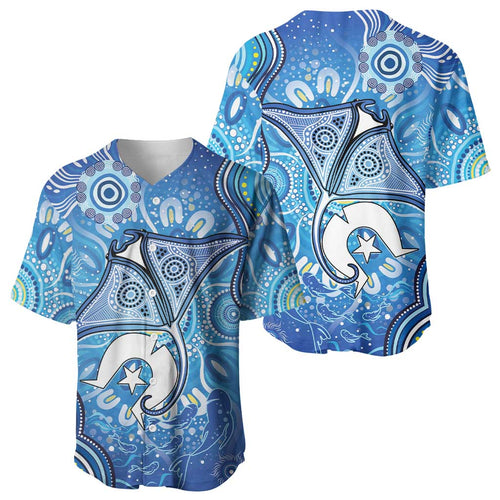 Torres Strait Islander Dhari Stingray Baseball Jersey Aboriginal Dot Art Blue Pastel Style
