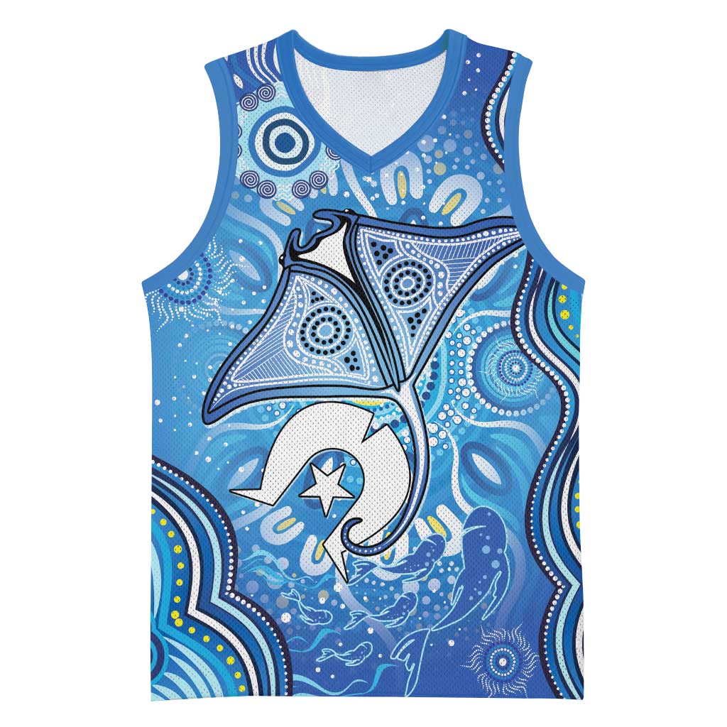 Torres Strait Islander Dhari Stingray Basketball Jersey Aboriginal Dot Art Blue Pastel Style